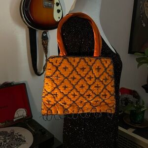 Whimsical Orange Beaded and Sequin Velvet Velour Hand Bag with Strap.
